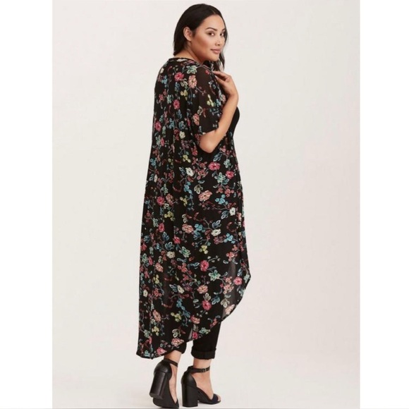 torrid Jackets & Blazers - Torrid Floral Chiffon Kimono Duster Maxi Cardigan Black 1X 2X Boho Layer